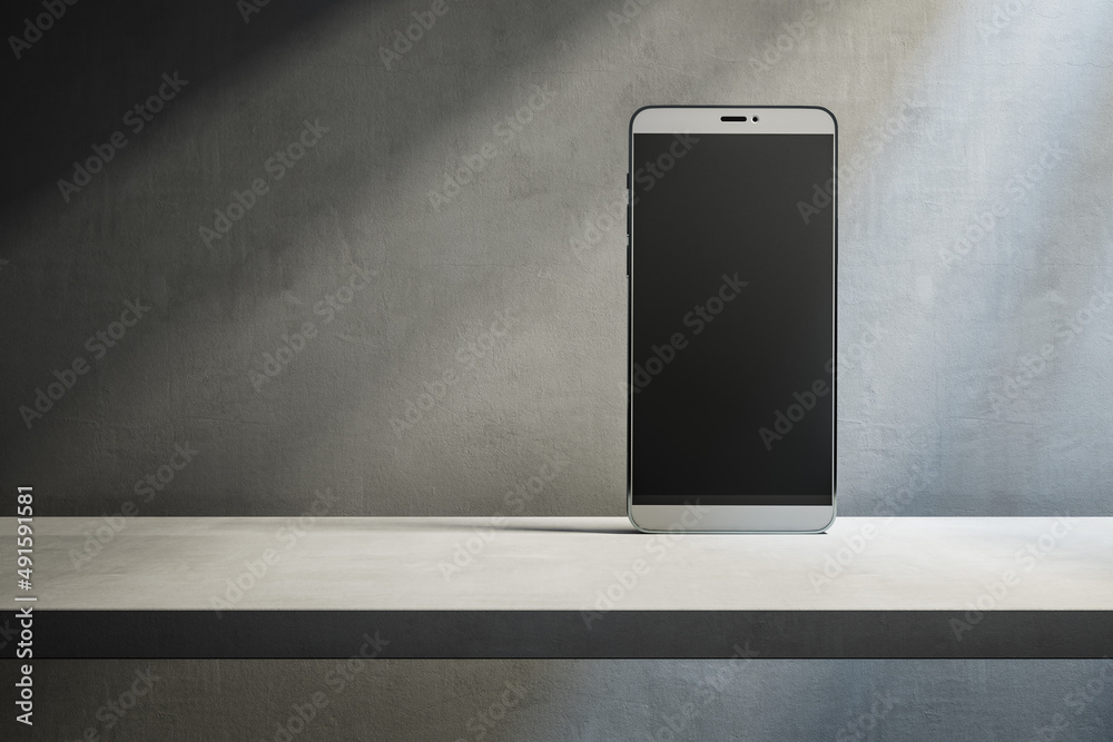 Poster Close up of empty smartphone on desktop and concrete wall background with shadows and mock up place. Device presentation concept. 3D Rendering.