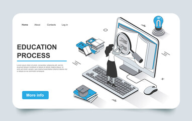 Education concept in 3d isometric landing page outline design. Student learning online, studying textbook on computer, reading book and preparing for exams, line web template. Vector illustration.