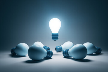 Abstract illuminated lamps on gray background. Idea, teamwork and leadership concept. 3D Rendering.