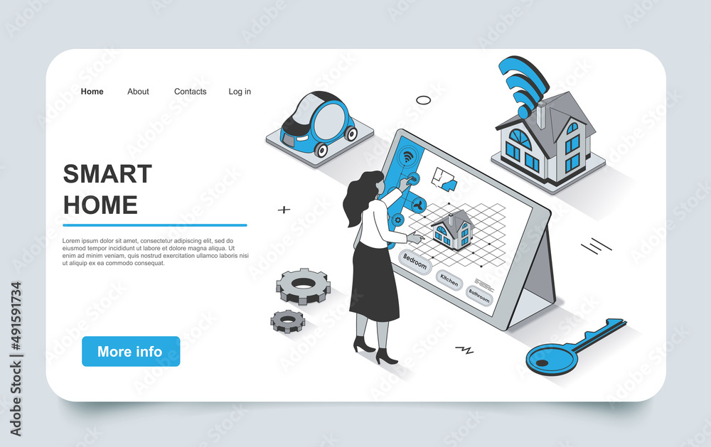 Poster Smart home concept in 3d isometric landing page outline design. Woman controls sensors in house using computer, systems monitoring, security and automation, line web template. Vector illustration.