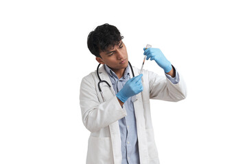 Young peruvian male doctor preparing a dose of a vaccine. Isolated over white background.