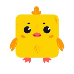 A cartoon cute yellow chicken in a square shape. Square icon for apps or games. Vector Kawaii illustration isolated on white background