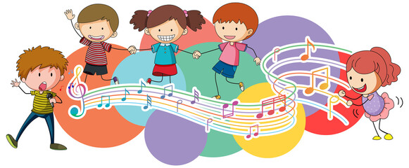 Happy children dancing with music notes on white background