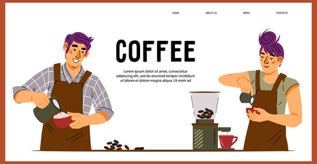 Coffee shop or cafe-bar, restaurant web banner layout with with barista characters, flat vector illustration for flyer and website. Coffee drink for web and social media, print materials.