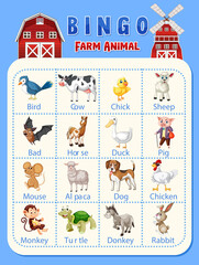 Fototapeta na wymiar Bingo Farm animal worksheet
