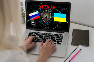 Computer hacker or Cyber attack concept background with Ukraine flag and the Russian bear-hacker