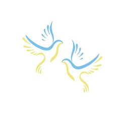 Two doves of peace icon. Flying bird. Peace concept. yellow doves symbolism - Ukrainian flag