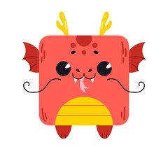 A cartoon cute dragon with a square shape. Square icon for apps or games. Vector illustration isolated on white background