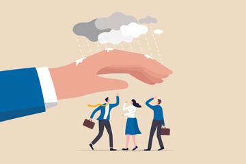 Employee care benefit, worker insurance or protection, boss or manager to protect team and colleagues, leader or boss to help employee concept, giant businessman hand cover team member from rainstorm.