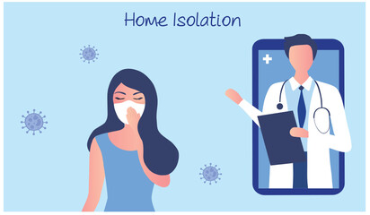 Covid-19 patient home isolation, sick women suffering with high fever with doctor consultation on smart phone vector illustration
