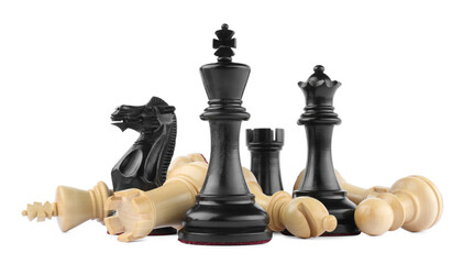 Many different chess pieces on white background - obrazy, fototapety, plakaty