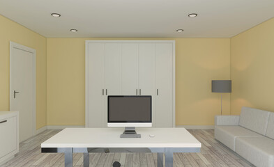 Open space office interior with like conference room. Mockup. 3D rendering.