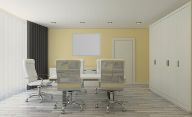 Front view of an office interior with a row of dark wood tables. 3D rendering.. Mockup.   Empty paintings