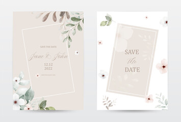 Set of beige invitation template cards with watercolor flowers