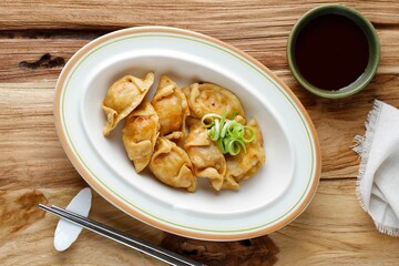 Korean Dumpling Fried Mandu on Plate, Served with Spicy Sauce
