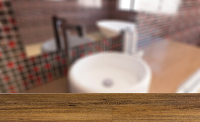 Clean and fresh bathroom with natural light. 3D rendering.. Background with empty table. Flooring.