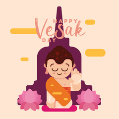 Happy vesak day, lord buddha meditating with temple and lotus poster banner vector design art greeting