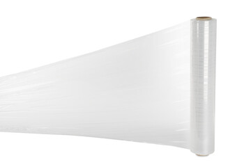 Roll of transparent plastic stretch wrap on white background