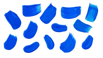 Short brush strokes of blue paint isolated on white background