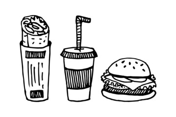 Doodle set fast food illustration of burrito, hamburger and drink