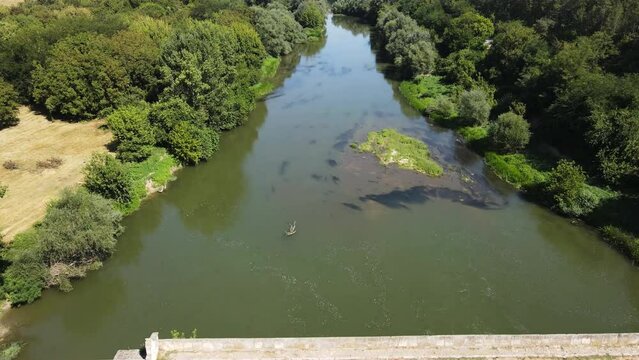 Aerial view of Nineteenth-century bridge over the Yantra River, known as the Kolyu Ficheto Bridge in Byala, Ruse region, Bulgaria