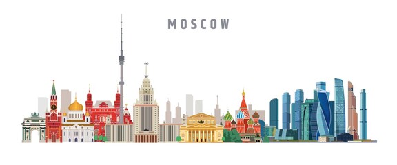 Moscow landmarks and city skyline cartoon vector panoramic on white background with international business center complex.