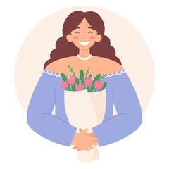 Woman holds bouquet of flowers and smiling. Congratulations on the Womens Day or birthday. Cute flat vector illustration isolated on white background