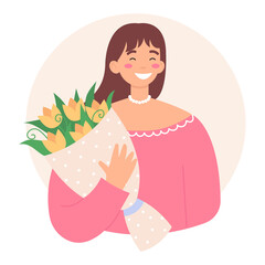 Woman holds bouquet of flowers and smiling. Congratulations on the Womens Day or birthday. Cute flat vector illustration isolated on white background