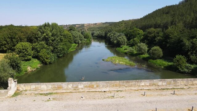 Aerial view of Nineteenth-century bridge over the Yantra River, known as the Kolyu Ficheto Bridge in Byala, Ruse region, Bulgaria