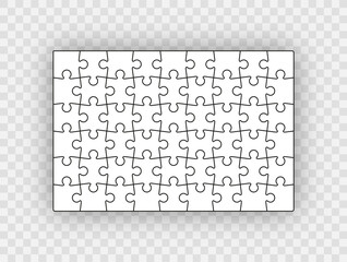 Puzzle pieces set. Jigsaw outline grid. Scheme of thinking game. Modern background with separate shapes. Simple frame tiles. Cutting template. Mosaic silhouette with 54 details. Vector illustration. - obrazy, fototapety, plakaty