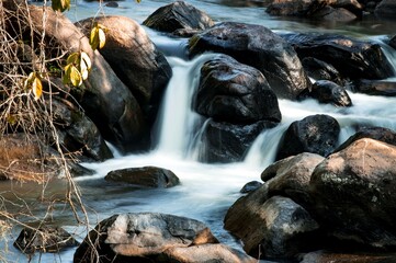 A close up long exposure of a stream of water at Munnar