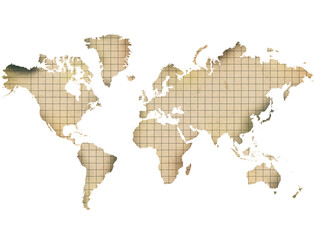 The world map from a burnt notebook sheet on a white background. A high resolution.