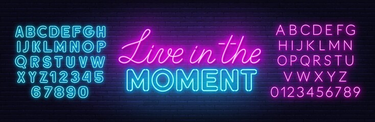 Live in the Moment neon lettering on brick wall background.