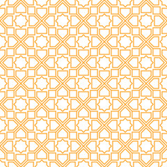 Busy repeat pattern of mixed shapes including stars, arrows and squares in orange color outline against a white background, vector illustration 