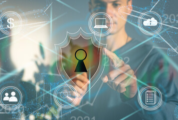 Cyber security concept. Encryption. Data protection. Anti virus software. Communication network.