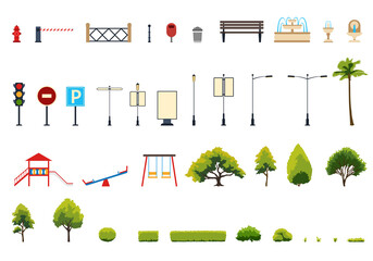 Elements of the urban landscape for the park, playground. Thirty nine flat vector objects isolated on white background