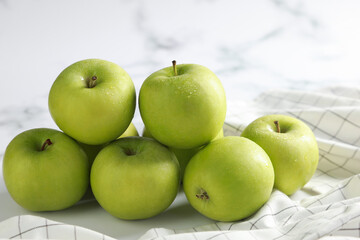 Group of fresh Green Apple on white table background. Healthy fruits concept.