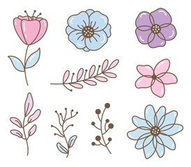 A set of spring flowers, plants and leaves in the style of doodle, cartoon. Isolated on a white background.