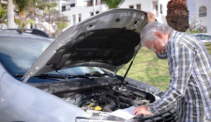Senior bearded man driver stopped in the road checks the car engine by opening the hood. He reads the instruction book to understand what broke