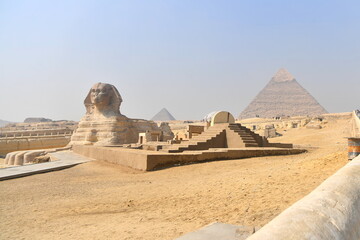 egypt, sphinx, pyramid, giza, cairo, desert, ancient, travel, egyptian, pyramids, stone, history, monument, architecture, pharaoh, great, sphynx, sky, landmark, sand, old, tourism, archaeology, statue - obrazy, fototapety, plakaty