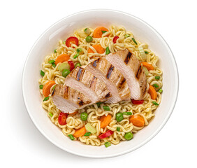 Instant noodles with grilled chicken isolated on white background, top view