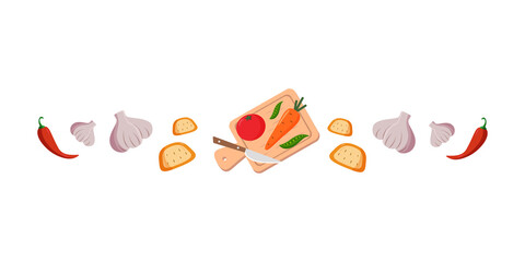 Flat illustration of fresh vegetables on a cutting board.Vector tomatoes, carrots, green peas, a knife, garlic,red pepper, bread. Fresh vegetables on a white background. Healthy food