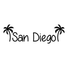 San Diego beach. Destino de vacaciones. Banner con texto San Diego con silueta de palmera en color negro