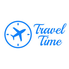 Logotipo con texto manuscrito Travel Time y silueta de avión en esfera de reloj simple en color azul