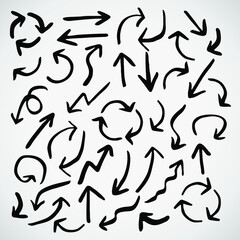 Isolated hand drawn set of black arrows on white background. Collection arrow design templates. Vector illustration.