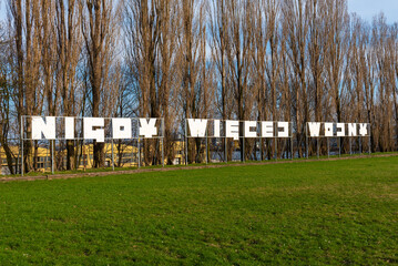 The inscription - Nigdy wiecej wojny (in English: No more war).Gdansk Westerplatte, Poland