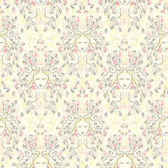 Seamless floral pattern, girl's face in flowers and branches.