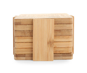 Set of stylish wooden cup coasters on white background