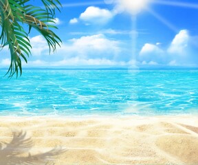 Fototapeta na wymiar 夏の砂浜とボヤけた雲のある青い空とヤシの木と海の美しいフレームイラスト素材 