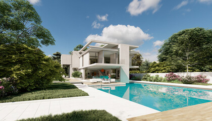 Upscale modern mansion with pool - obrazy, fototapety, plakaty
